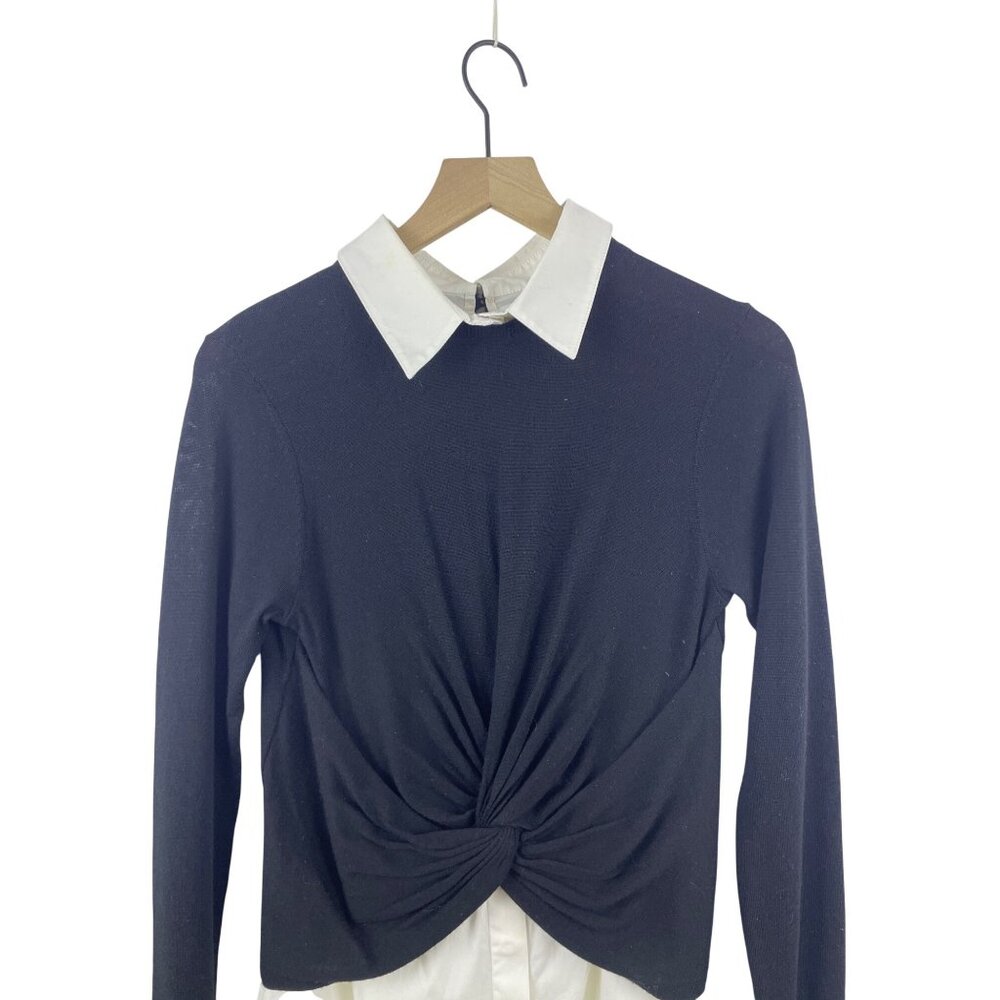 Veronica Beard Women's Small Phoebe Mixed Media Wool Twofer Layered Shirt Black - Picture 2 of 9